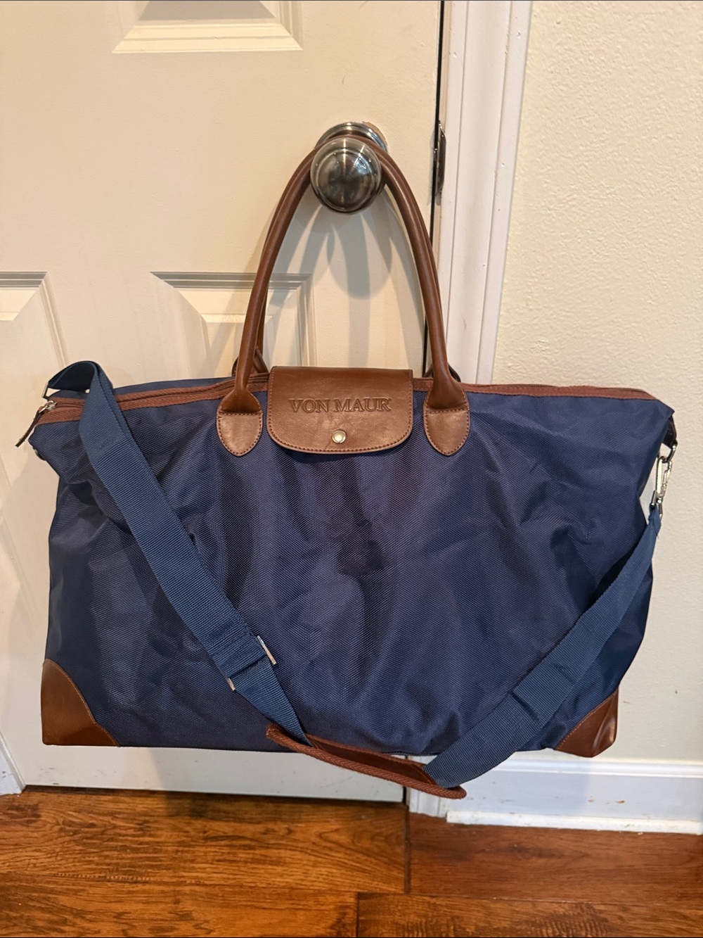 XL Navy Weekender Duffel Bag with Brown Trim